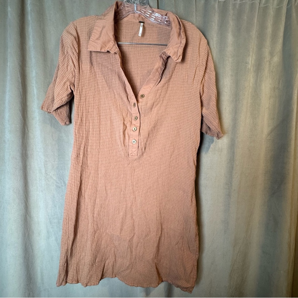 Free People Textured Smocked Brown Sand Mini Collard Dress Size S Polo Preppy